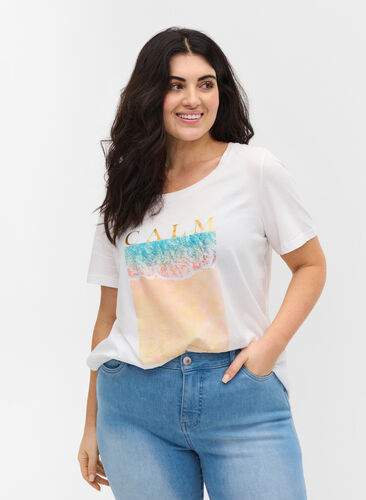 Kurzarm T-Shirt aus Baumwolle mit Aufdruck, Bright White CALM, Model image number 0