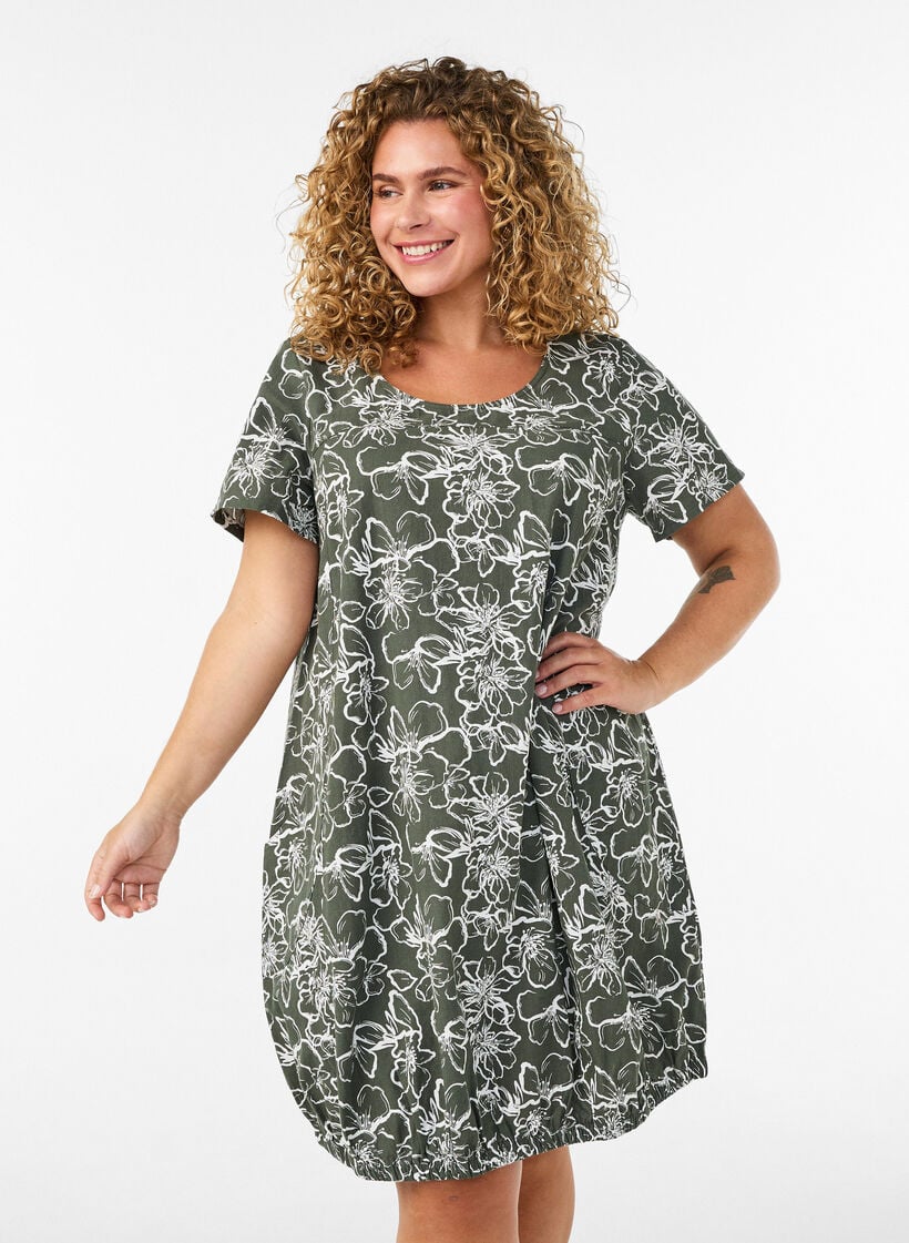 Kurz&auml;rmliges Baumwollkleid mit Aufdruck, Gr&uuml;n, Model image number 0