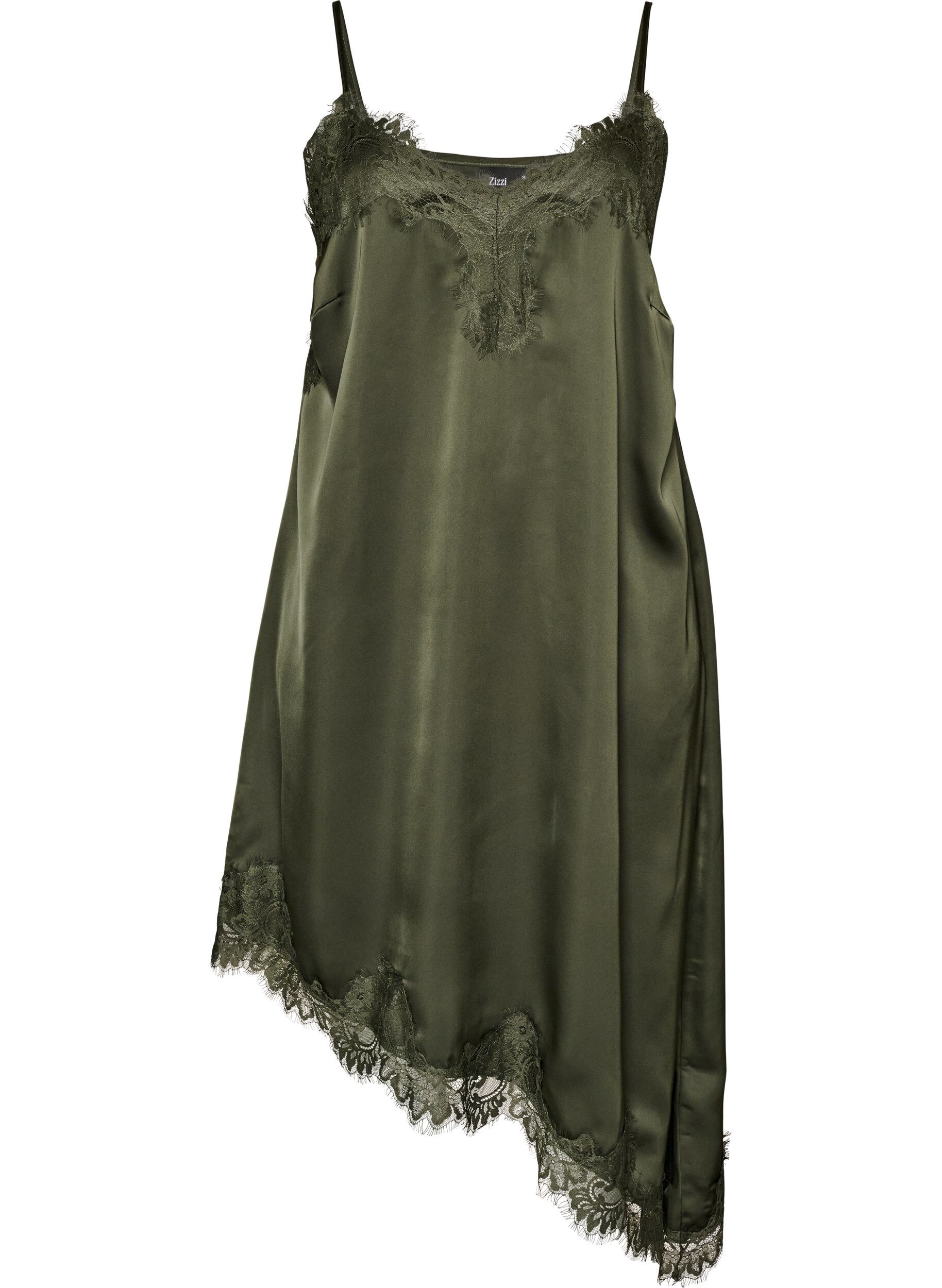 ZizziKleid aus Satin mit Spitze und asymmetrischem Saum, Gr&uuml;n, Packshot image number 0