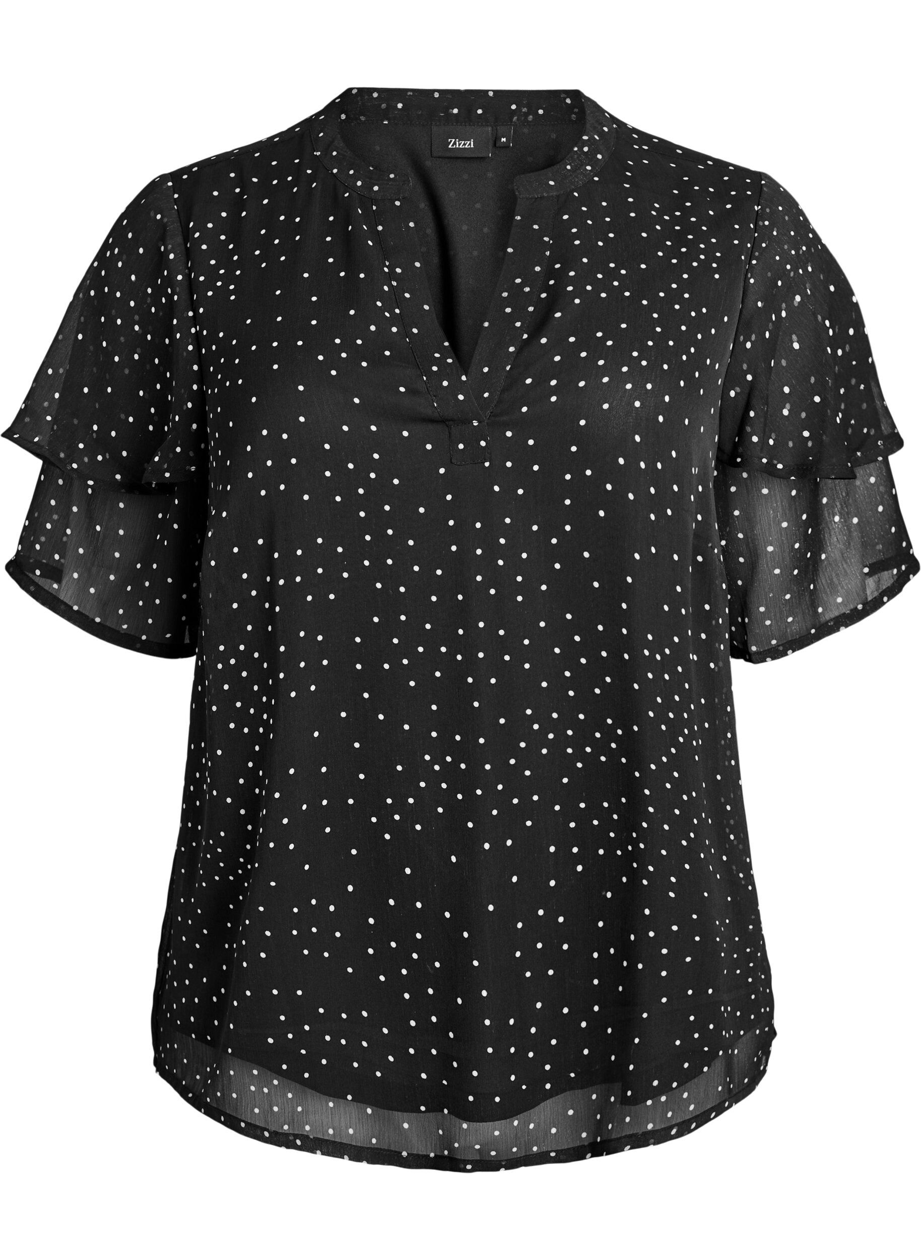ZizziChiffonbluse mit Polka Dots und Volant&auml;rmeln, Schwarz, Packshot image number 0
