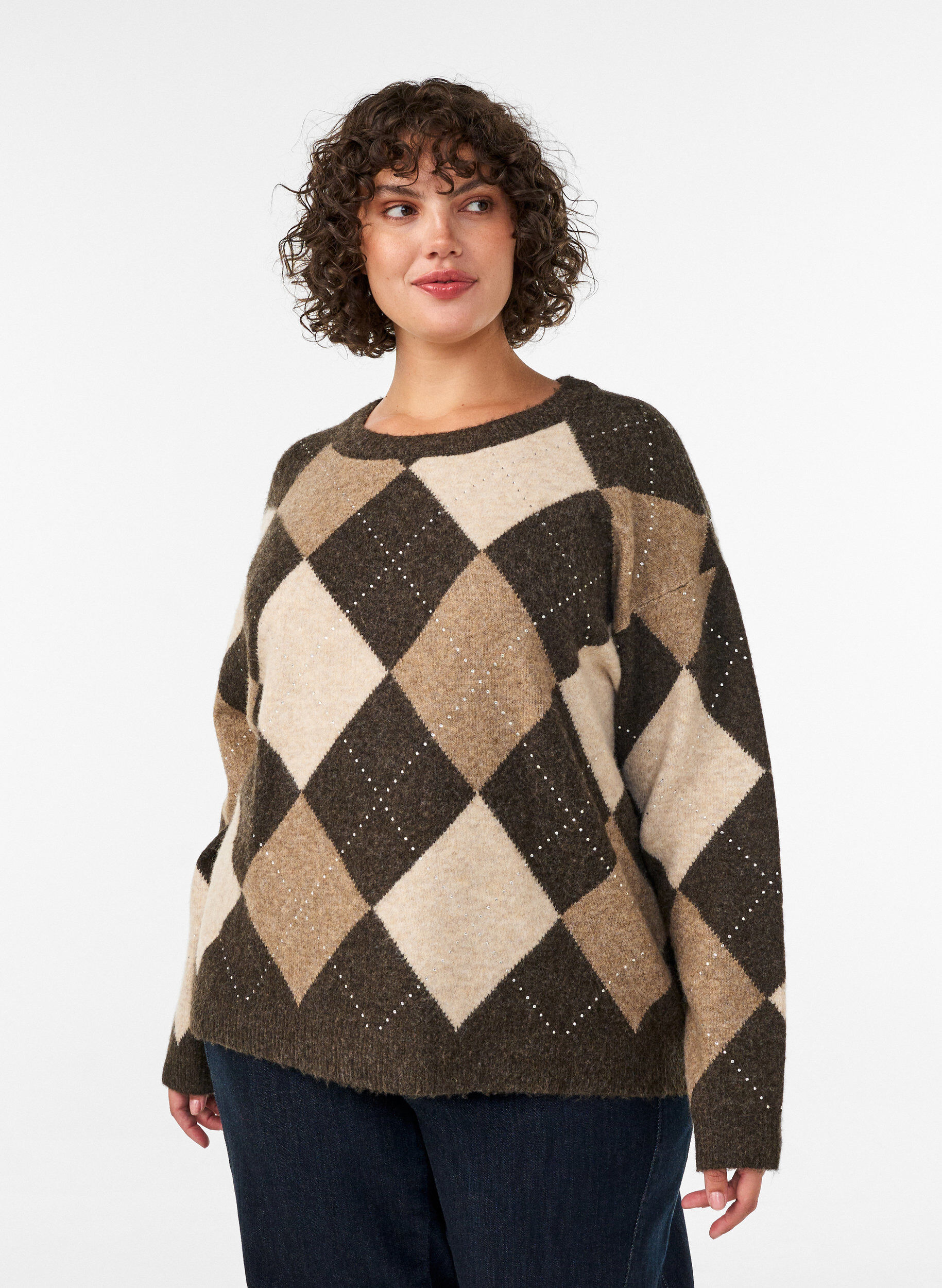 Stricktop mit Argyle-Muster und Strasssteinen, Braun, Model