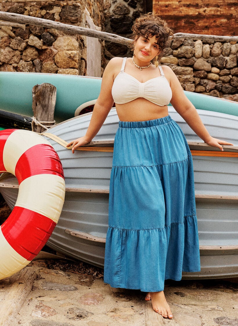 Maxirock aus Denim mit R&uuml;schen, Blau, Image