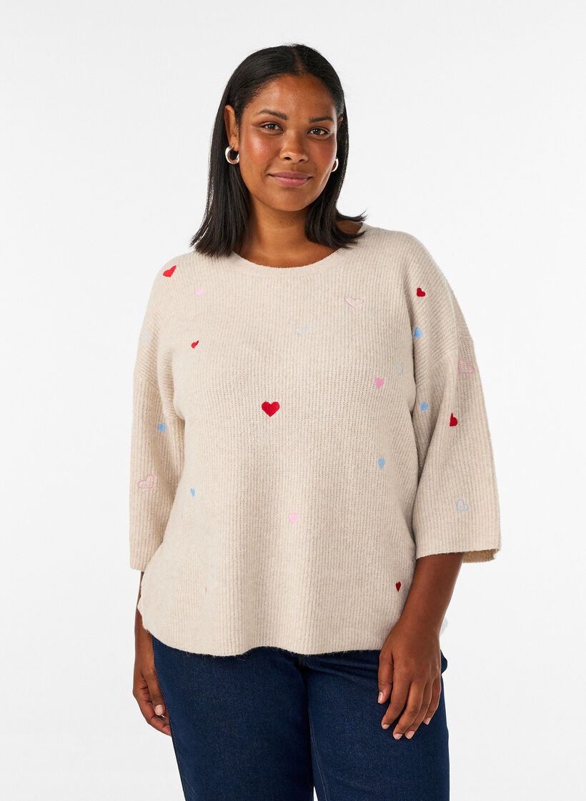 Strickbluse mit Herzen und 3/4-&Auml;rmeln, Beige, Model image number 0