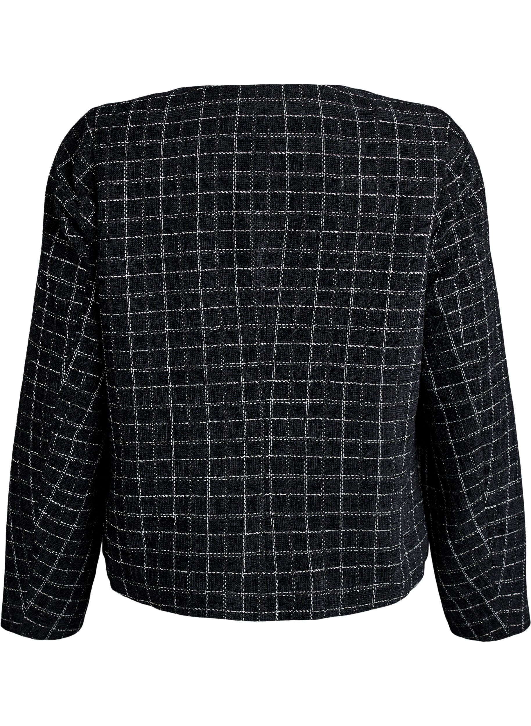ZizziKurzer karierter Boucl&eacute;-Blazer mit Rundhalsausschnitt, Schwarz, Packshot image number 1