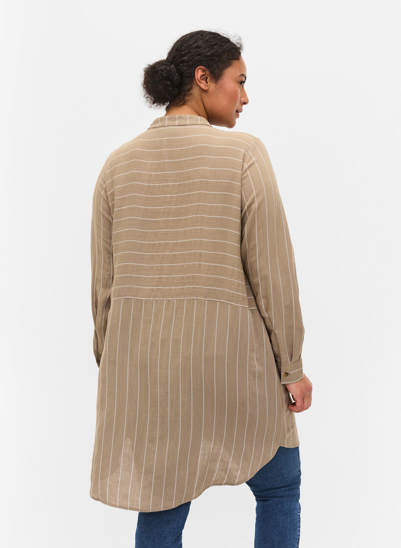 Lange gestreifte Hemdbluse aus einer Viskosemischung, Timber Wolf/White, Model image number 1