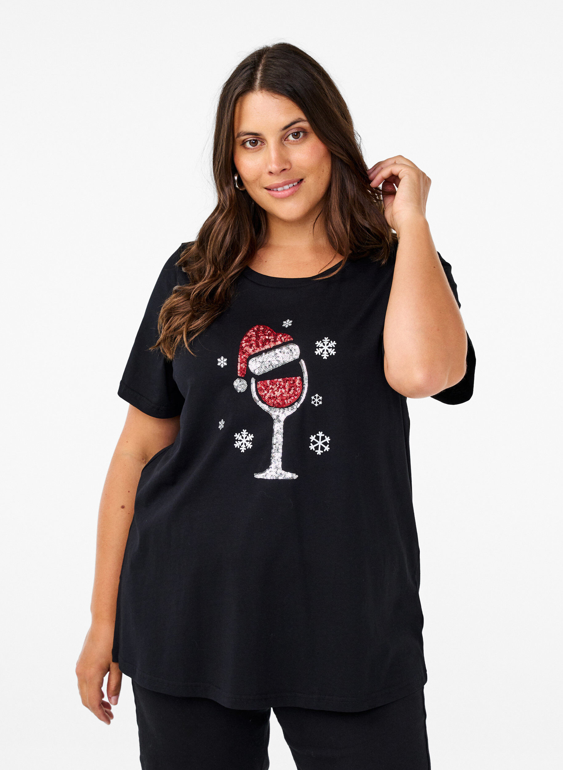ZizziWeihnachtliche T-Shirts aus 100% Baumwolle, Black w. Wine, Model image number 0