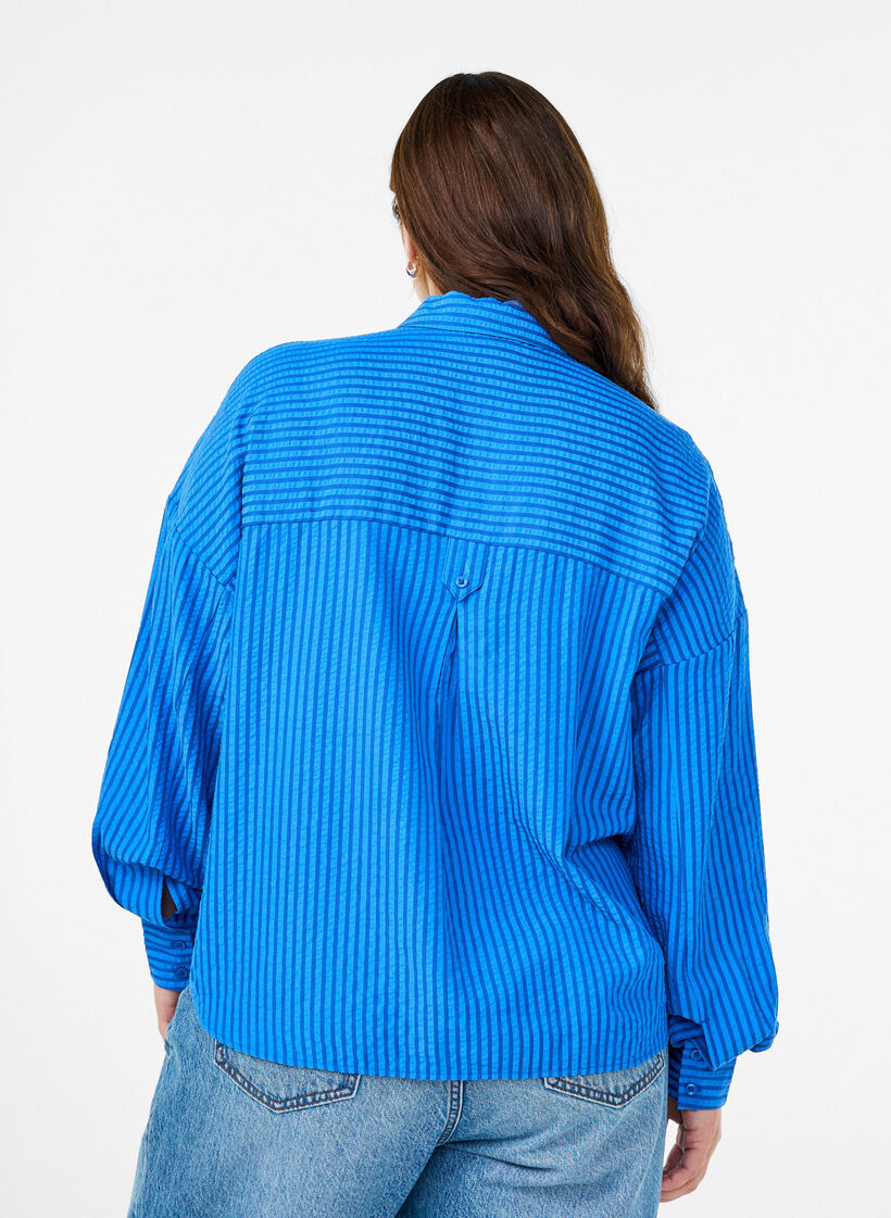 Gestreifte Bluse mit Knopfdetail am Rücken, Blau, Model image number 2