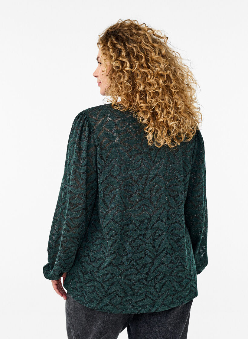 Langärmlige Bluse mit Glitzer und Muster, Grün, Model image number 2