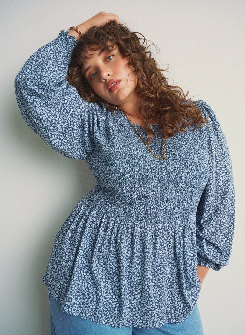 Bluse mit gesmoktem Oberteil und gebl&uuml;mtem Print, Blau, Image image number 0