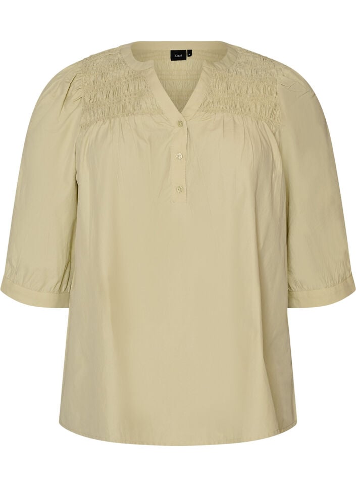 Bluse mit Smock und 3/4-&Auml;rmeln, Gr&uuml;n, Packshot image number 0