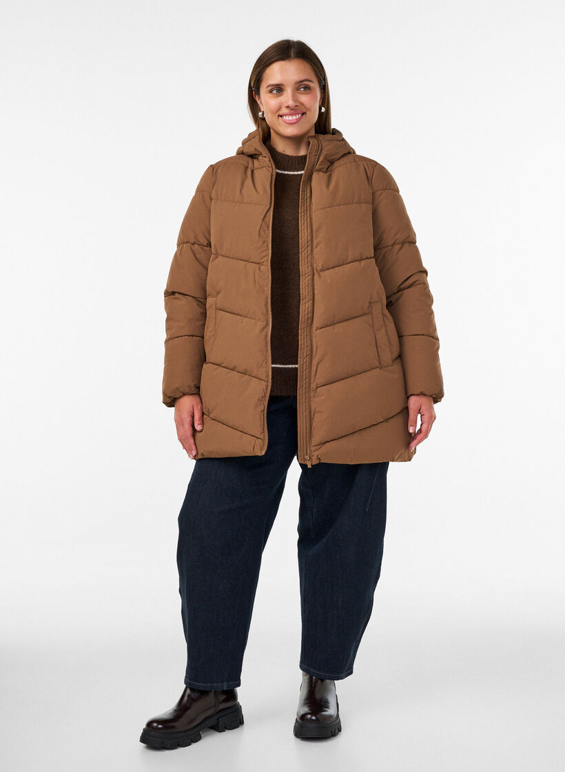 Mittellange Steppjacke mit Kapuze, Braun, Model image number 1