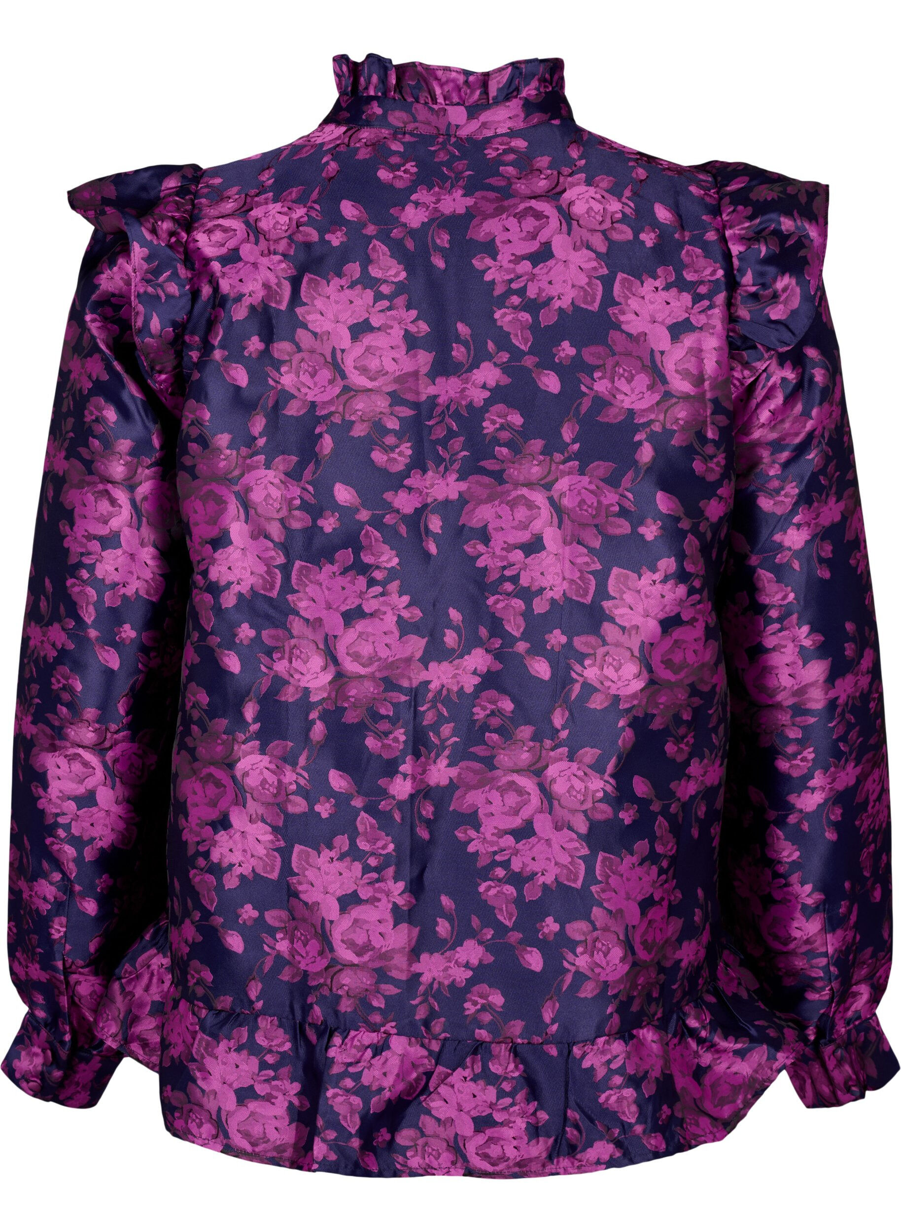 Zizzi Gebl&uuml;mte Jacquard-Bluse mit R&uuml;schendetails, Dark Blue Pink, Packshot image number 1