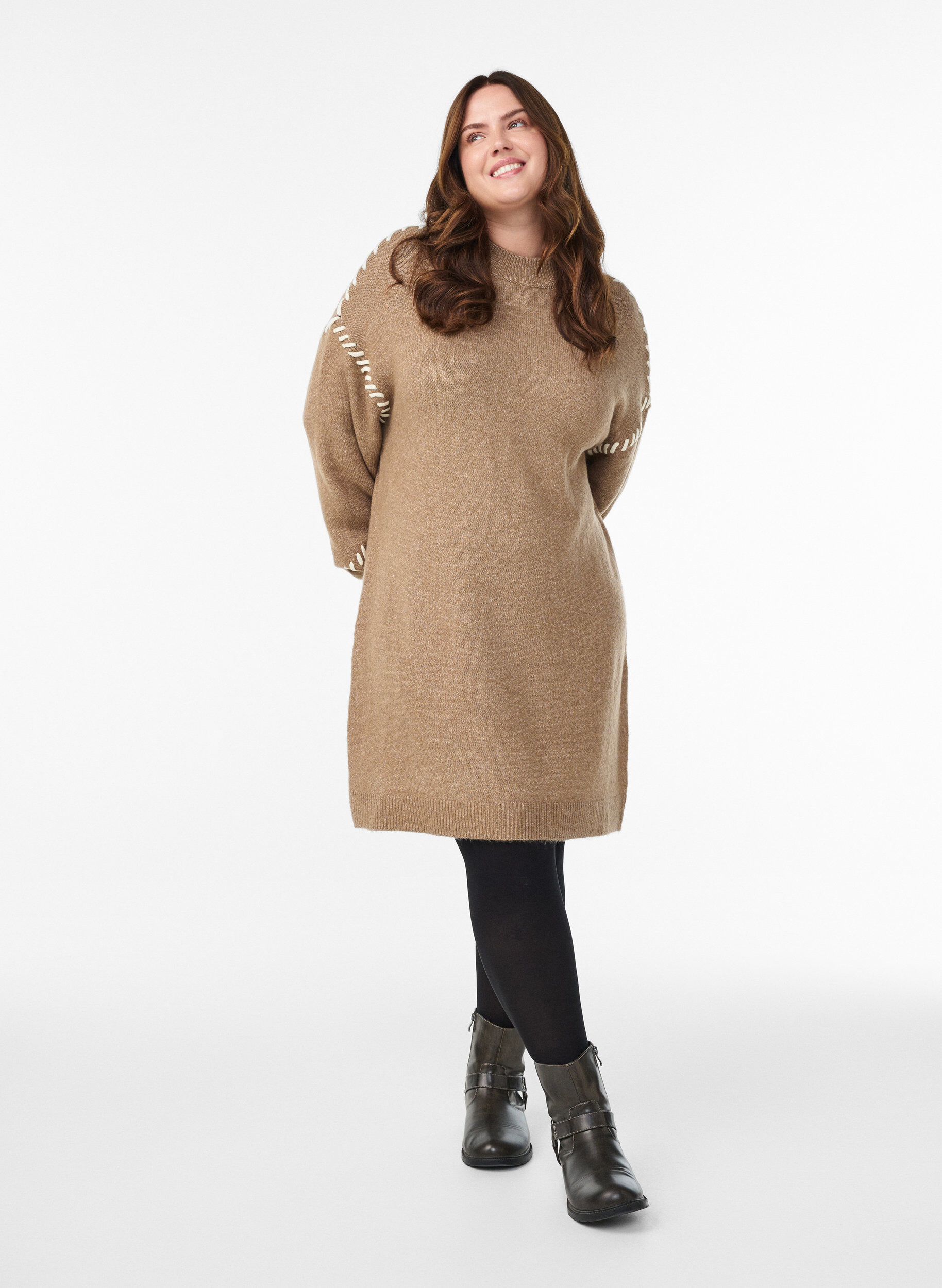 ZizziStrickkleid mit Kontrastn&auml;hten, Braun, Model image number 1