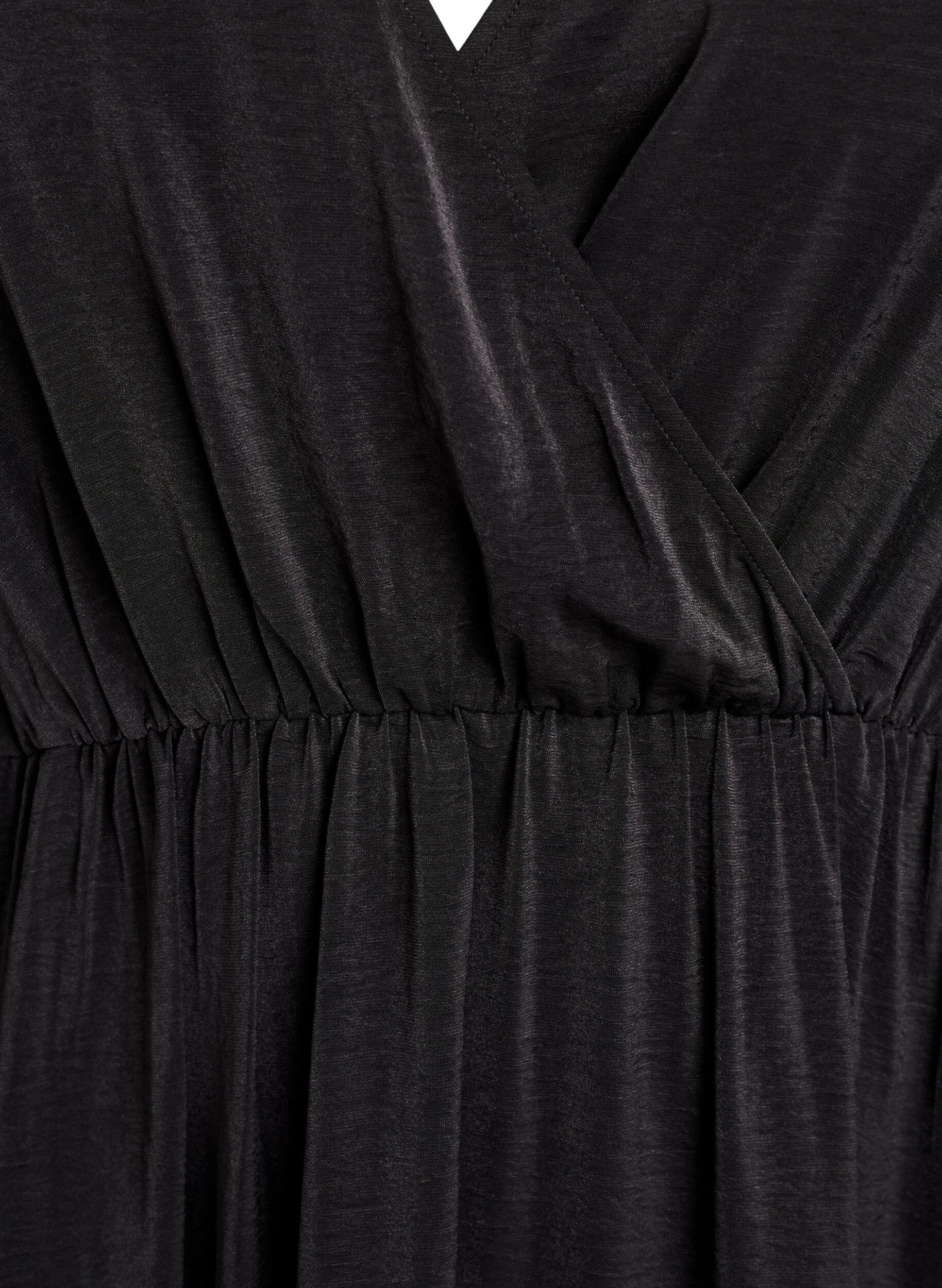 ZizziMidikleid mit Wickeloptik und Smock&auml;rmeln, Schwarz, Packshot image number 2