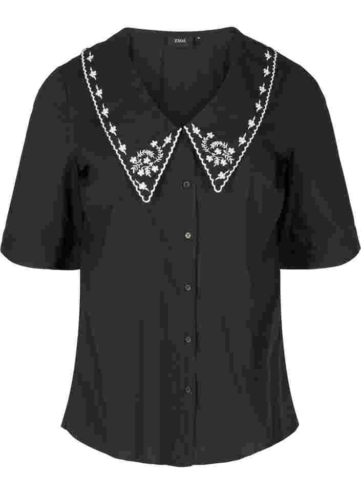 Kurzarm Hemdbluse aus Baumwolle mit großem Kragen, Black w. White, Packshot image number 0