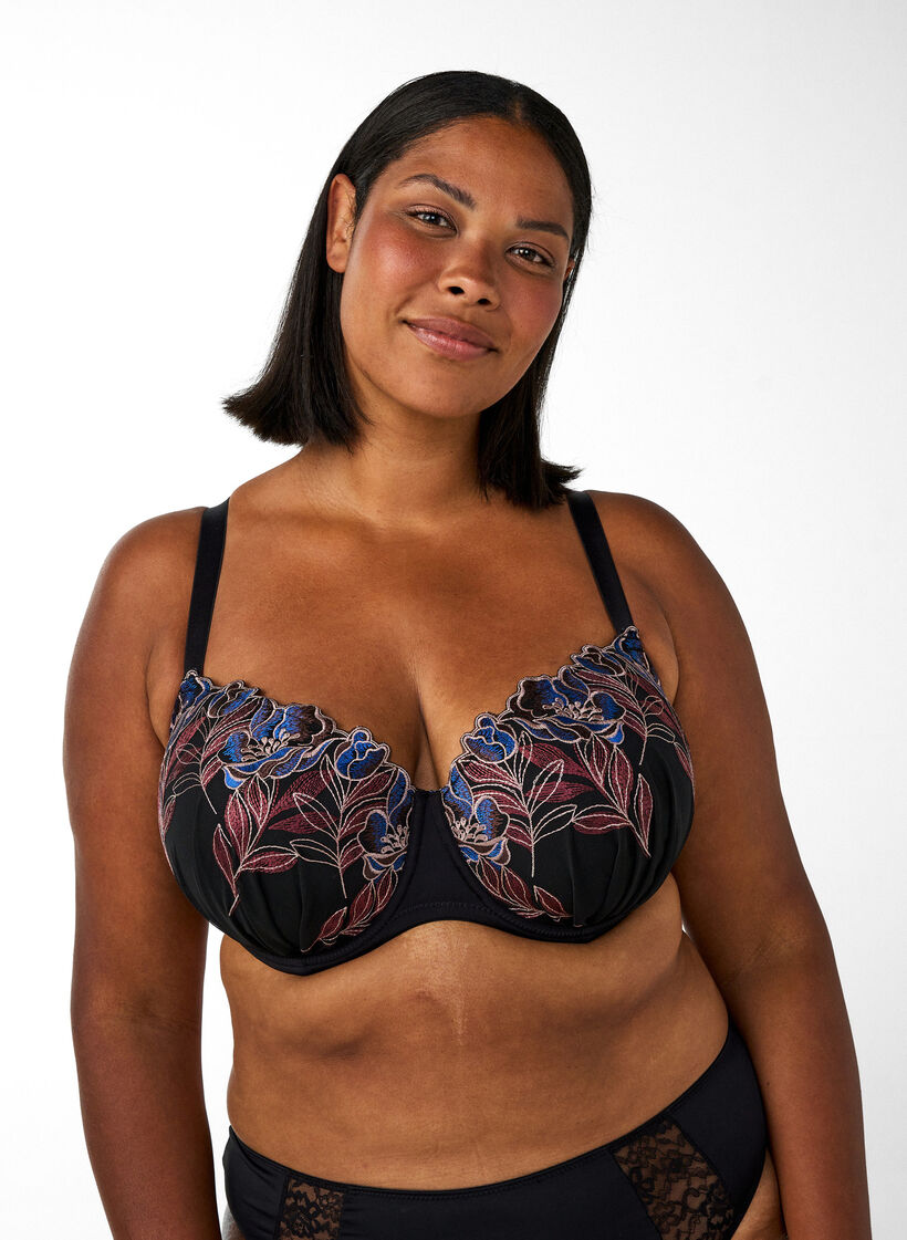 Vorgeformter BH mit Blumenstickerei, Schwarz, Model image number 0