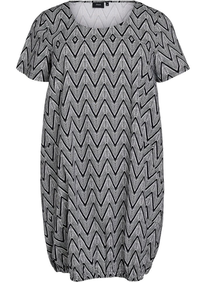 Kurz&auml;rmliges Baumwollkleid mit Aufdruck, Schwarz, Packshot image number 0
