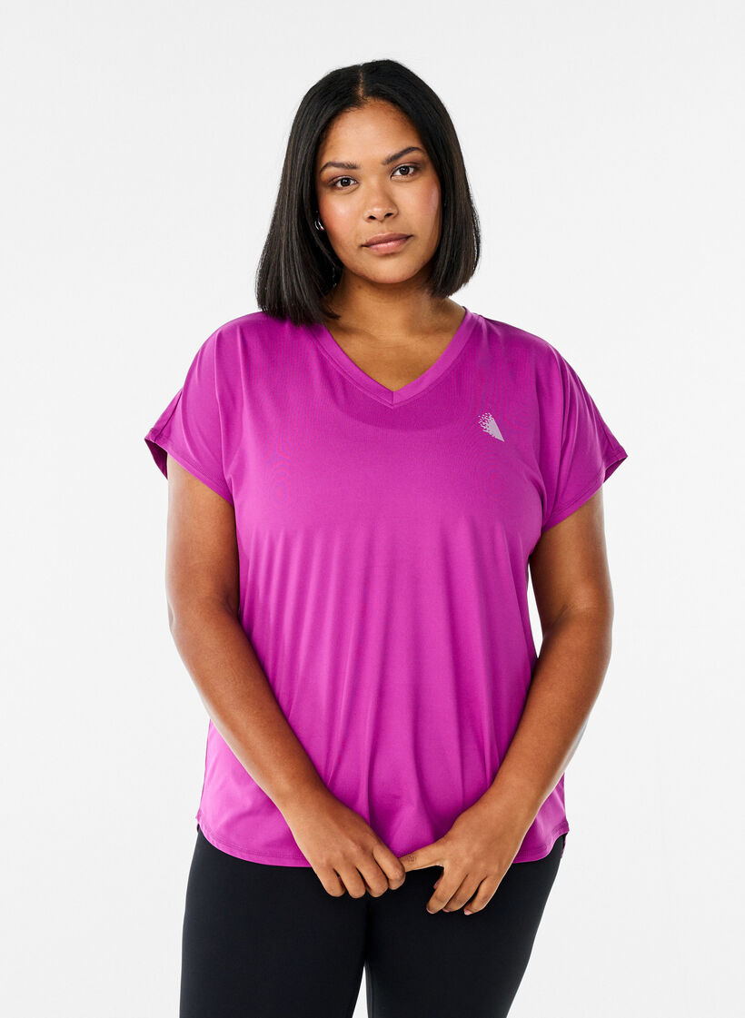Trainingsshirt mit V-Ausschnitt und kurzen &Auml;rmeln, Lila, Model image number 0