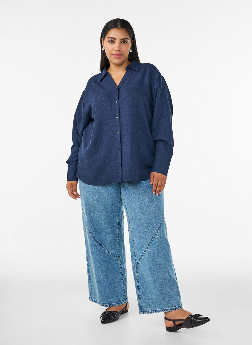 Lockere Bluse mit V-Ausschnitt, Blau, Model image number 1