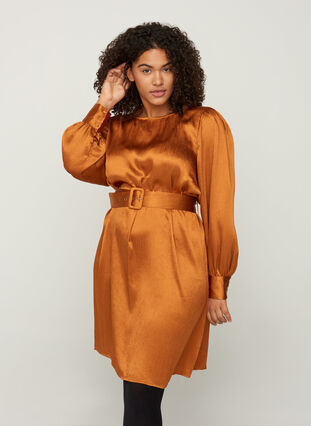 Shiny Kleid mit Gürtel und Puffärmeln, Buckthorn Brown, Model image number 0