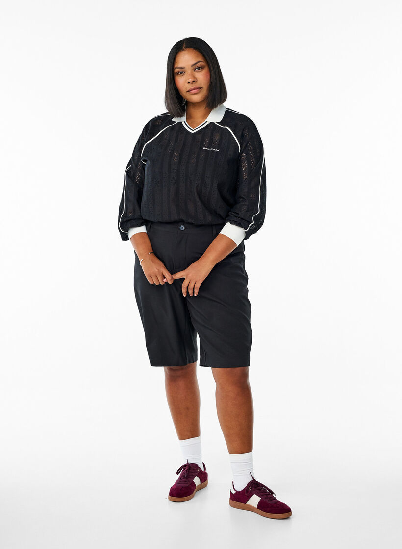 Jerseybluse mit Struktur und Kontrastdetails, Schwarz, Model image number 1