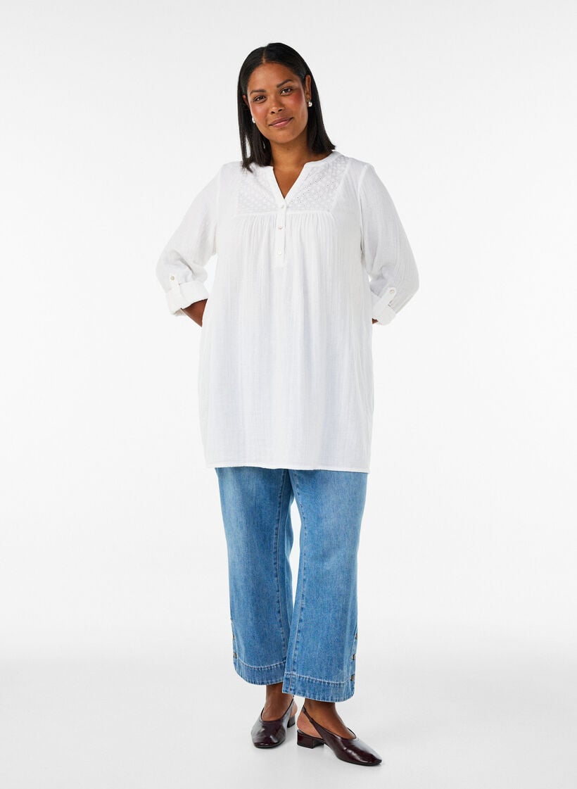 Tunika aus Baumwollmusselin mit Broderie Anglaise, Wei&szlig;, Model image number 1