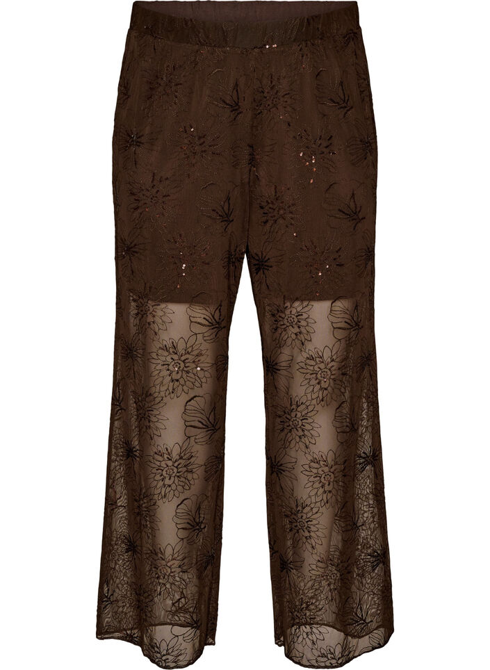 Hose aus Mesh mit floraler Stickerei und Pailletten, Braun, Packshot image number 0