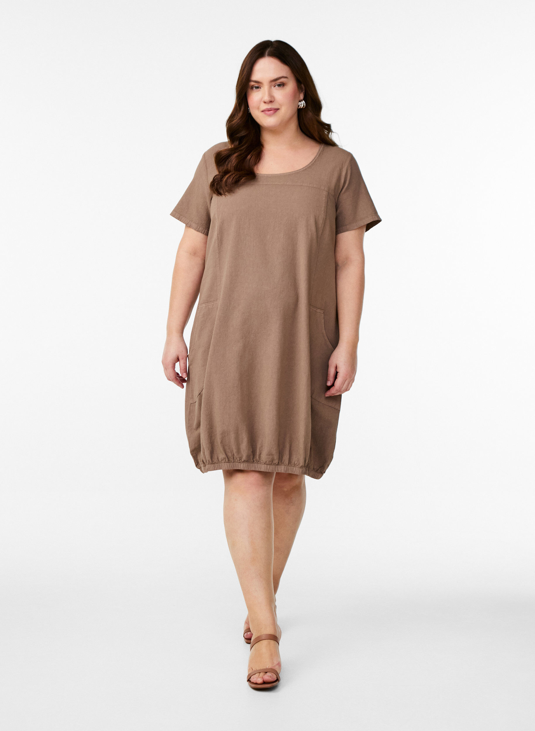 ZizziBaumwollkleid mit kurzen &Auml;rmeln, Braun, Model image number 1