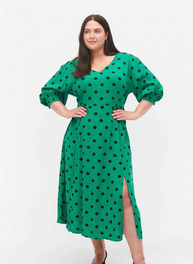 Midikleid aus Viskose mit Punktmustern, Jolly Green Dot AOP, Model image number 0