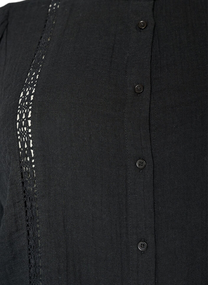 Kurz&auml;rmelige Bluse aus Baumwoll-Musselin mit H&auml;kelbesatz, Schwarz, Packshot image number 2