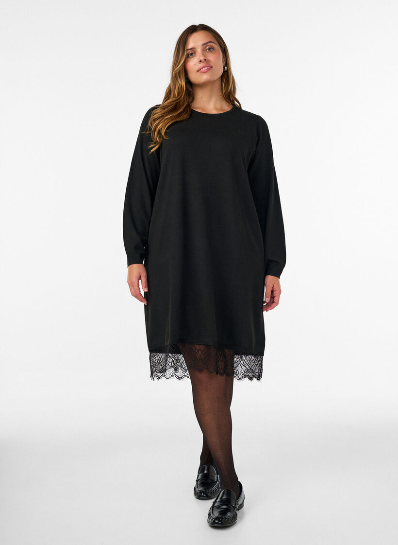 Kurzes Kleid aus Strick mit Spitzensaum, Schwarz, Model image number 1