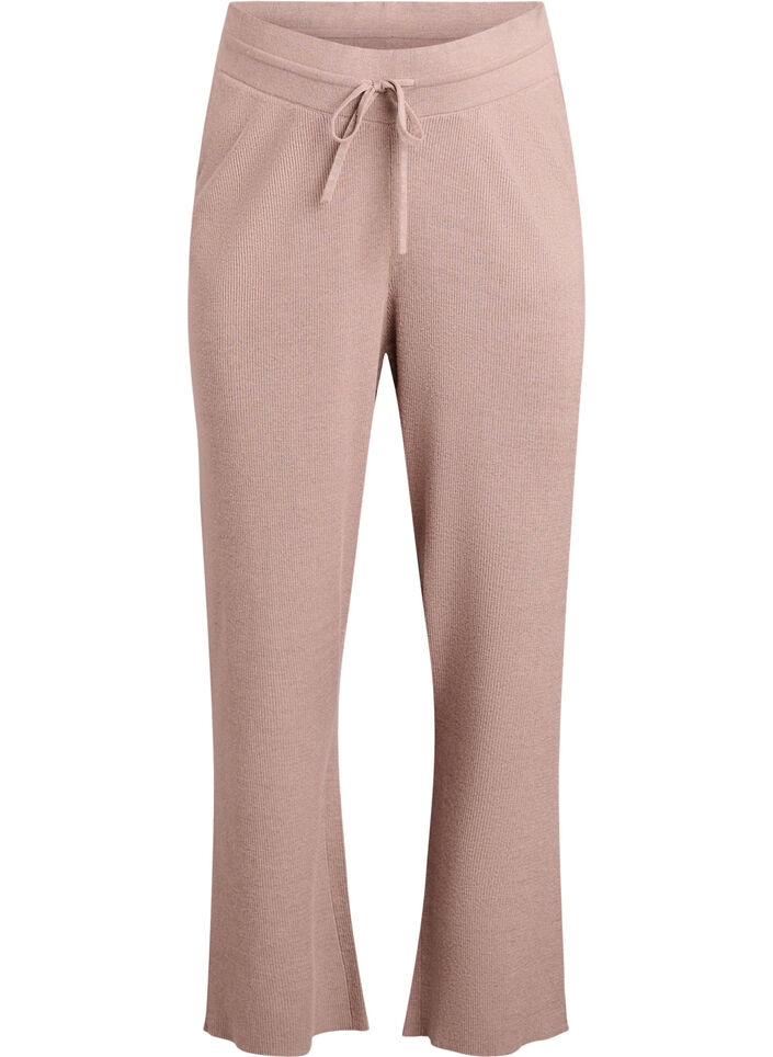 Hoch taillierte Hose aus Rippstrick mit geradem Bein, Beige, Packshot image number 0