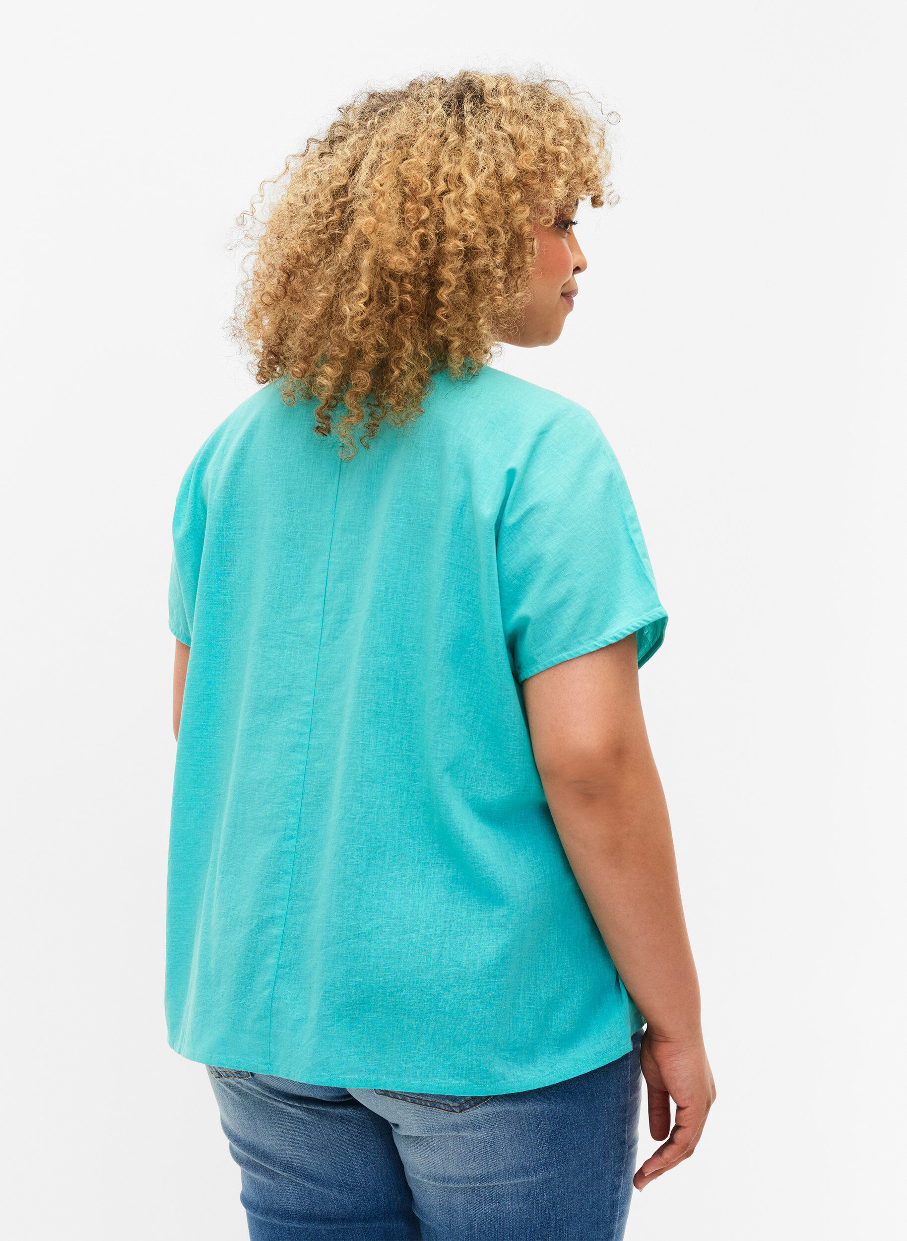 ZizziKurz&auml;rmelige Bluse aus Baumwollmischung mit Leinen, Turquoise, Model image number 1