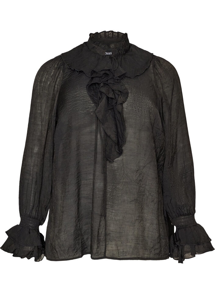 Viskosebluse mit R&uuml;schen und langen &Auml;rmeln, Schwarz, Packshot image number 0