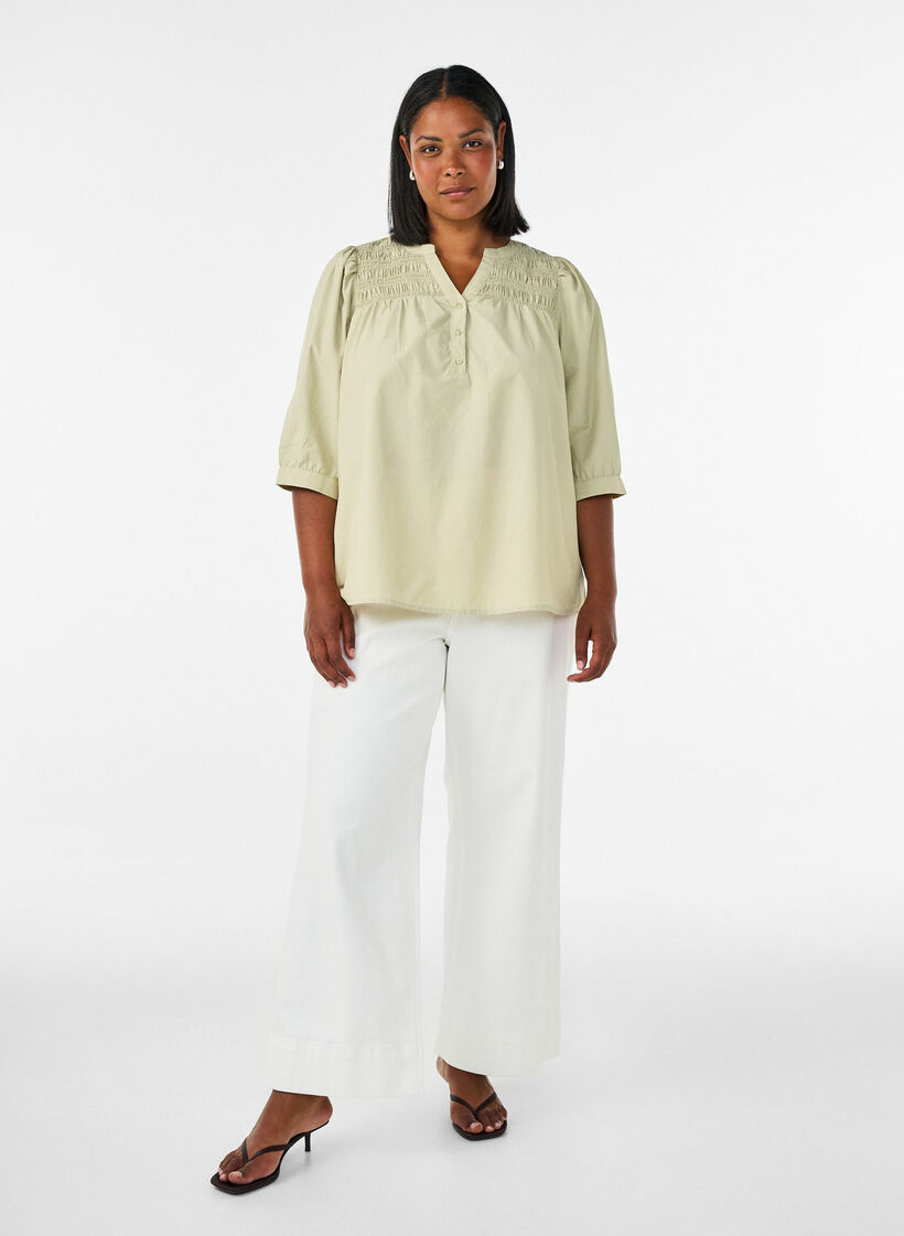 Bluse mit Smock und 3/4-&Auml;rmeln, Gr&uuml;n, Model image number 1
