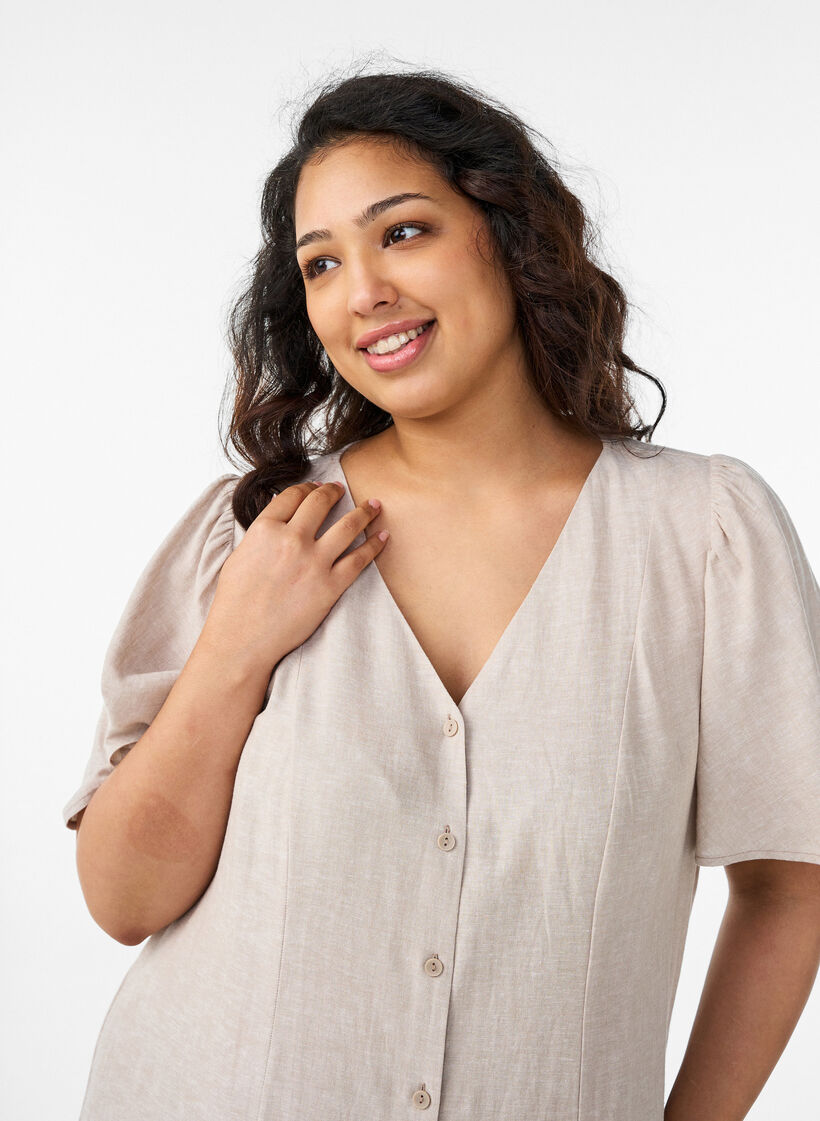 Midikleid aus Leinen und Viskose mit R&uuml;schen&auml;rmeln, Beige, Model image number 2