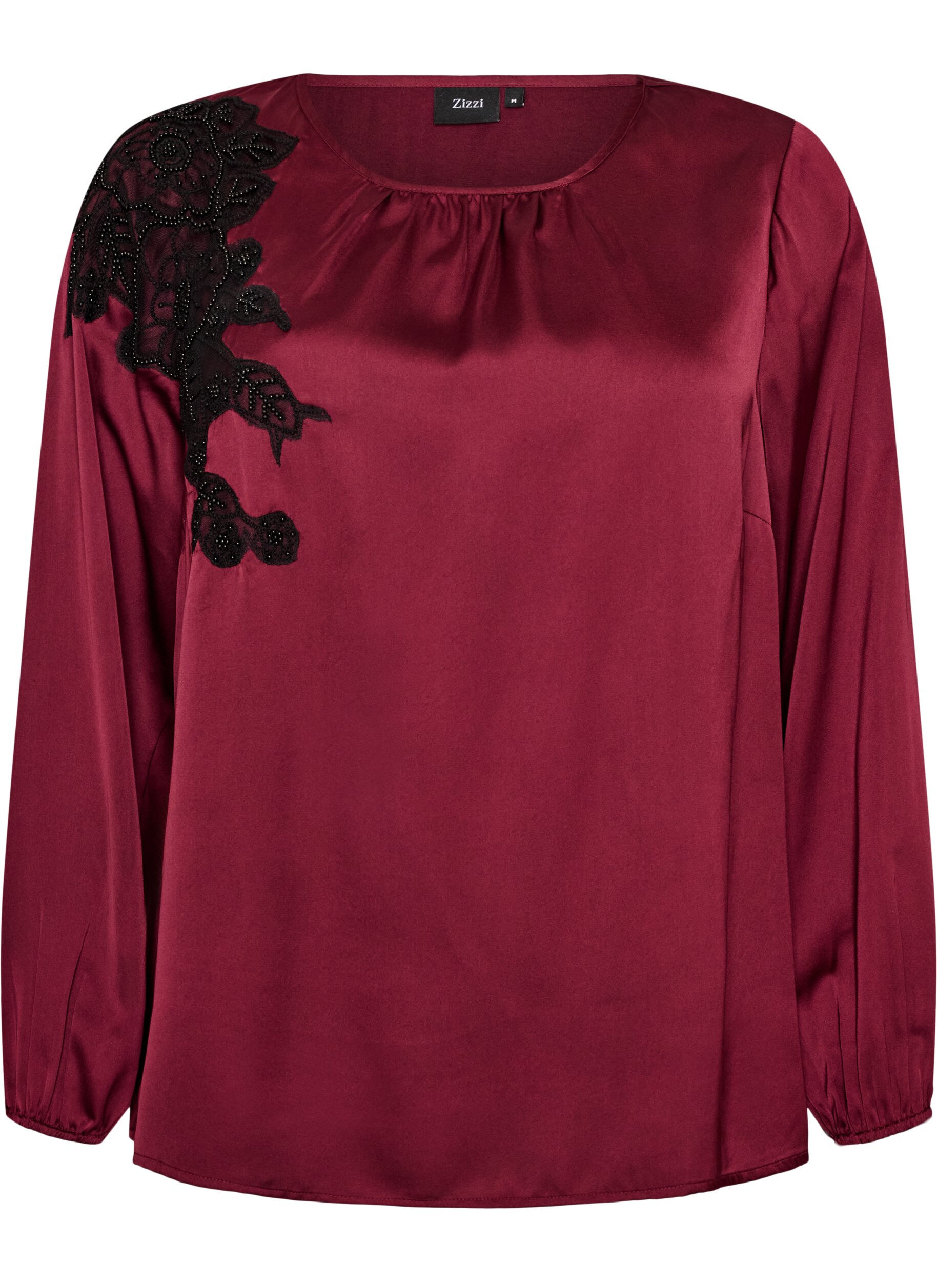 ZizziSatinbluse mit Spitzenapplikation und Perlen, Rot, Packshot image number 0
