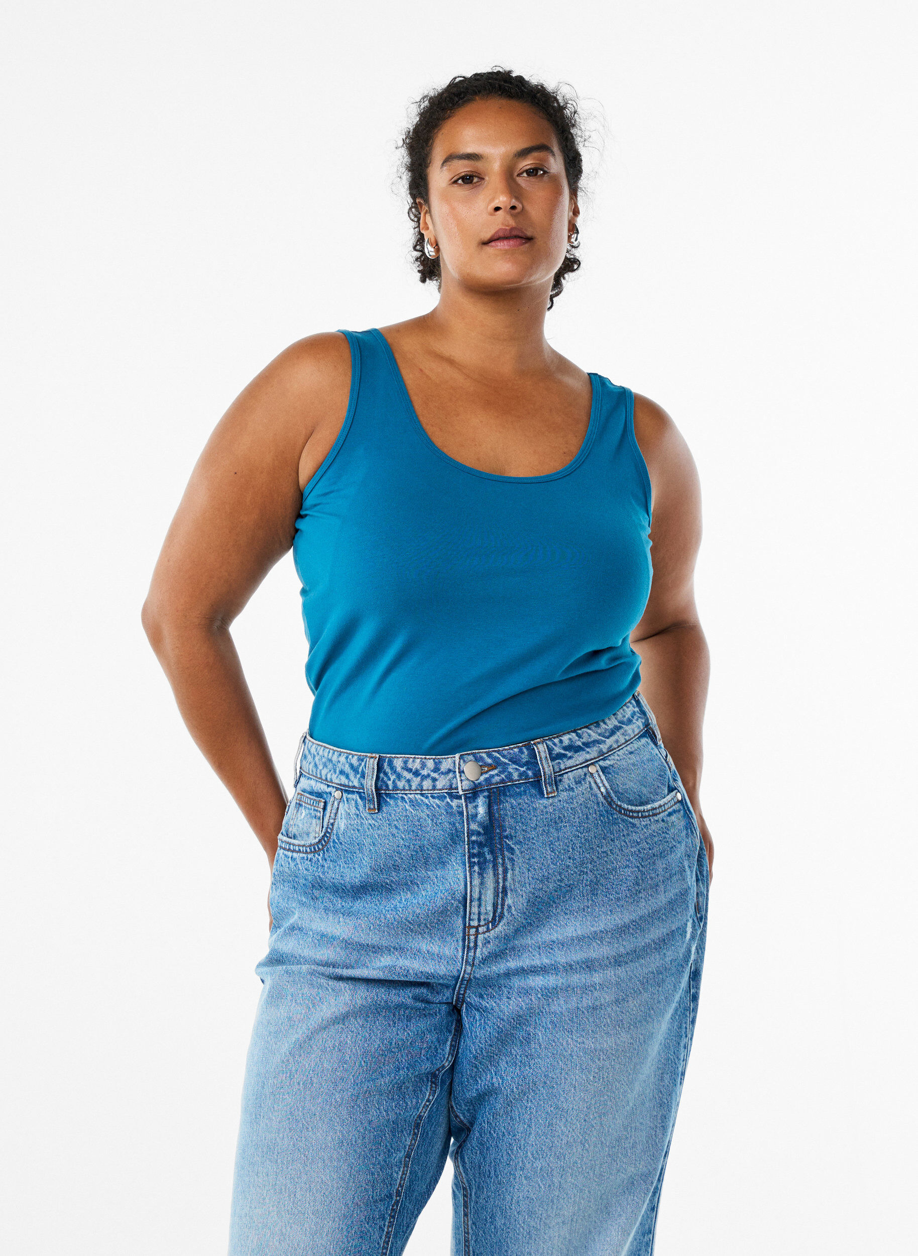 Solide Farbe Grundoberteil aus Baumwolle., Petrol, Model