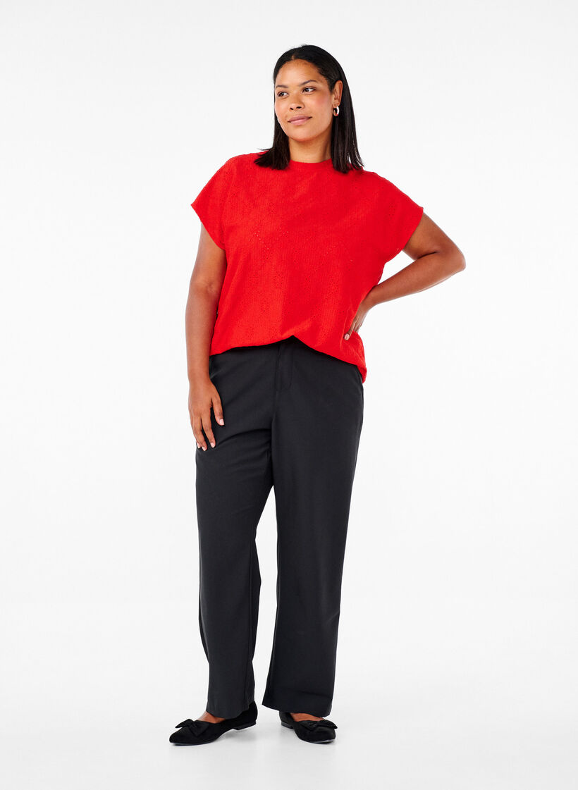 Bluse mit kurzen Ärmeln und floralen Stickereien, Flame Scarlet, Model image number 2