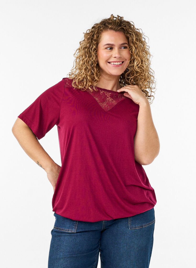 Bluse mit Spitzeneinsatz und Ballon&auml;rmeln, Rot, Model image number 0