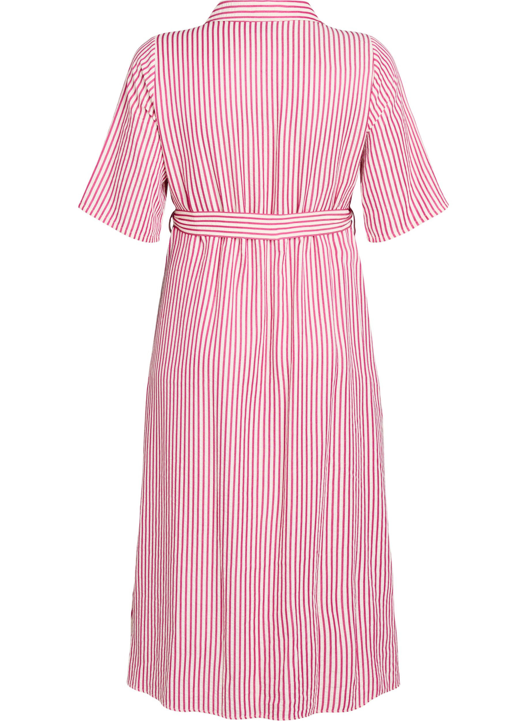 ZizziKn&ouml;chellanges Hemdblusenkleid mit Bindeg&uuml;rtel und Streifen, Pink, Packshot image number 1