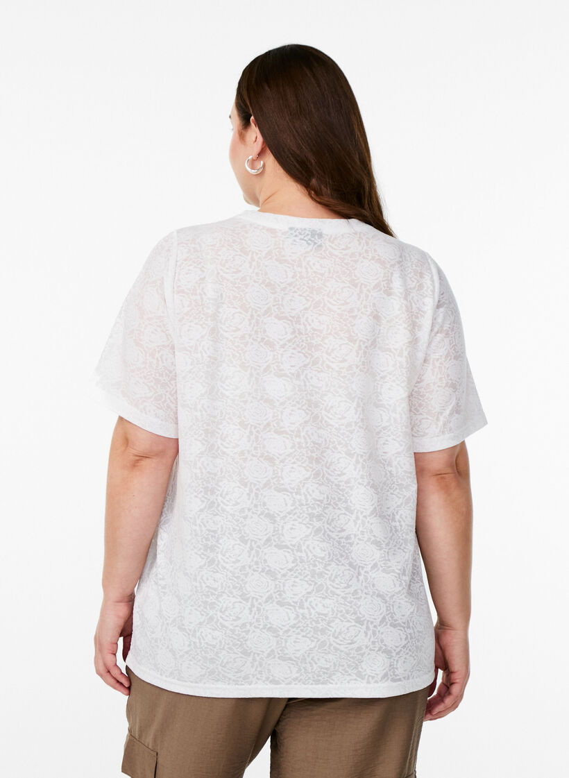 Bluse mit kurzen Ärmeln und Rosenmusterung, Weiß, Model image number 2