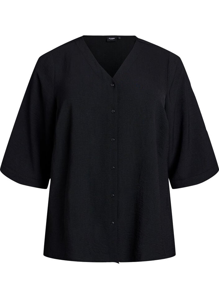 Bluse mit V-Ausschnitt und 3/4-&Auml;rmeln, Schwarz, Packshot image number 0