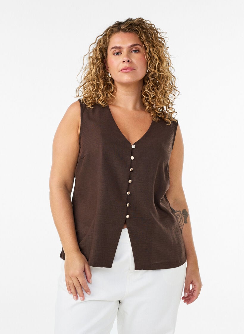 &Auml;rmellose Weste mit V-Ausschnitt und Kn&ouml;pfen, Braun, Model image number 0