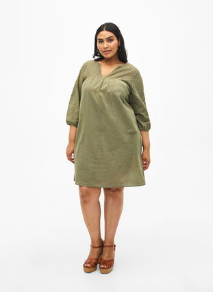Kleid aus einer Baumwollmischung mit Leinen und Häkeldetails, Deep Lichen Green, Model image number 2