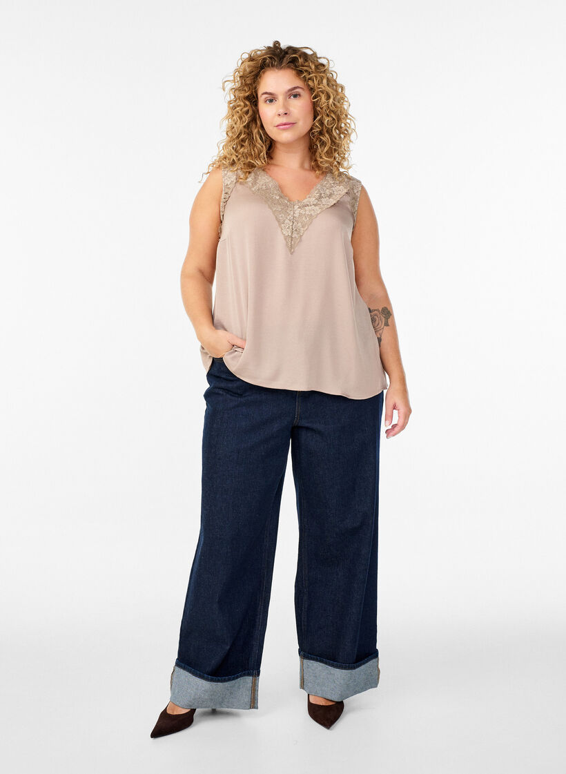 Ärmelloses Top mit Spitze, Beige, Model image number 1