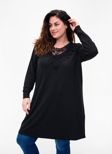 Langärmeliges Kleid mit Spitzendetails, Black, Model image number 0