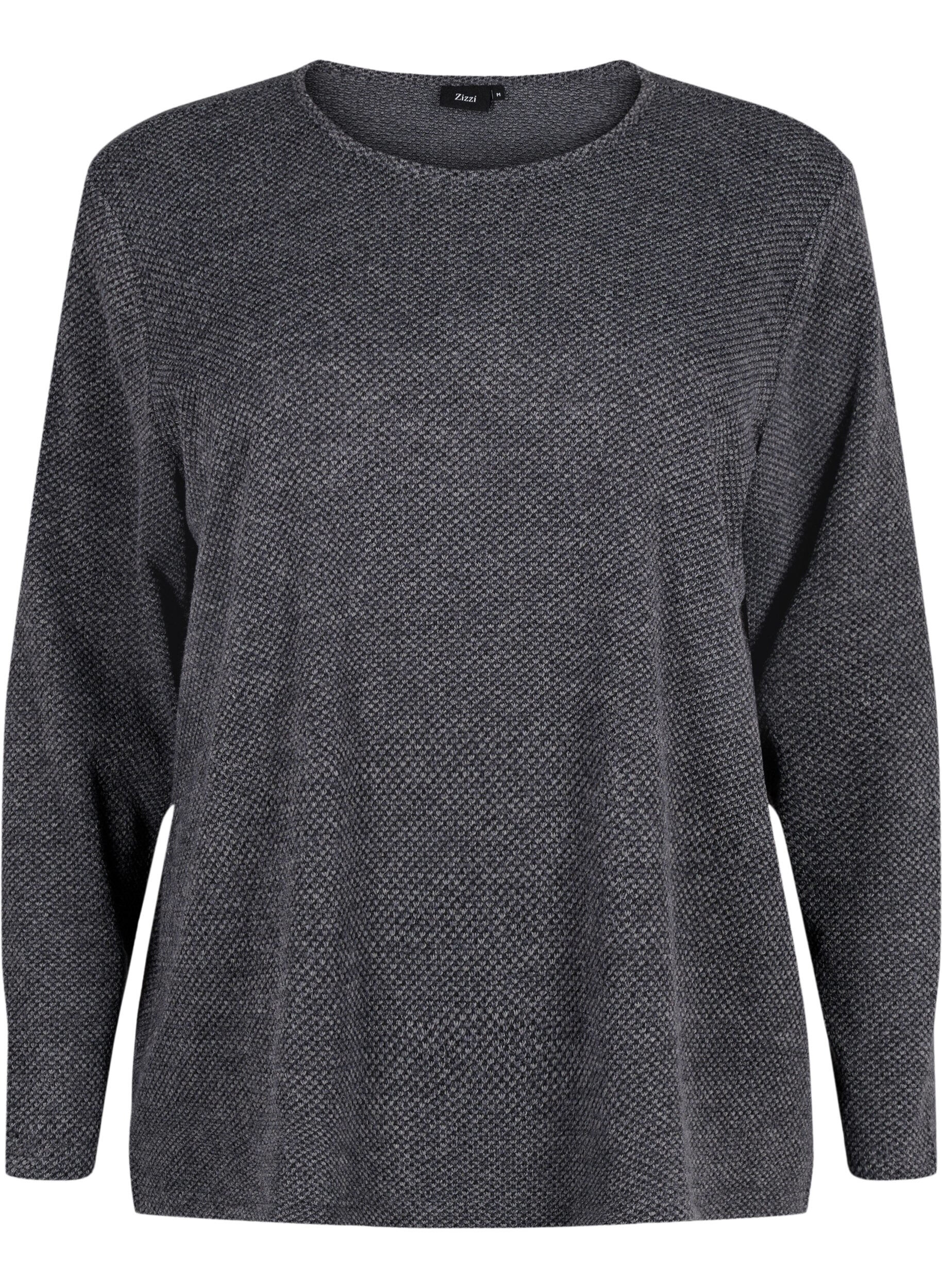 ZizziMelange Bluse mit rund um den Neck und langen &Auml;rmel, Dark Grey, Packshot image number 0