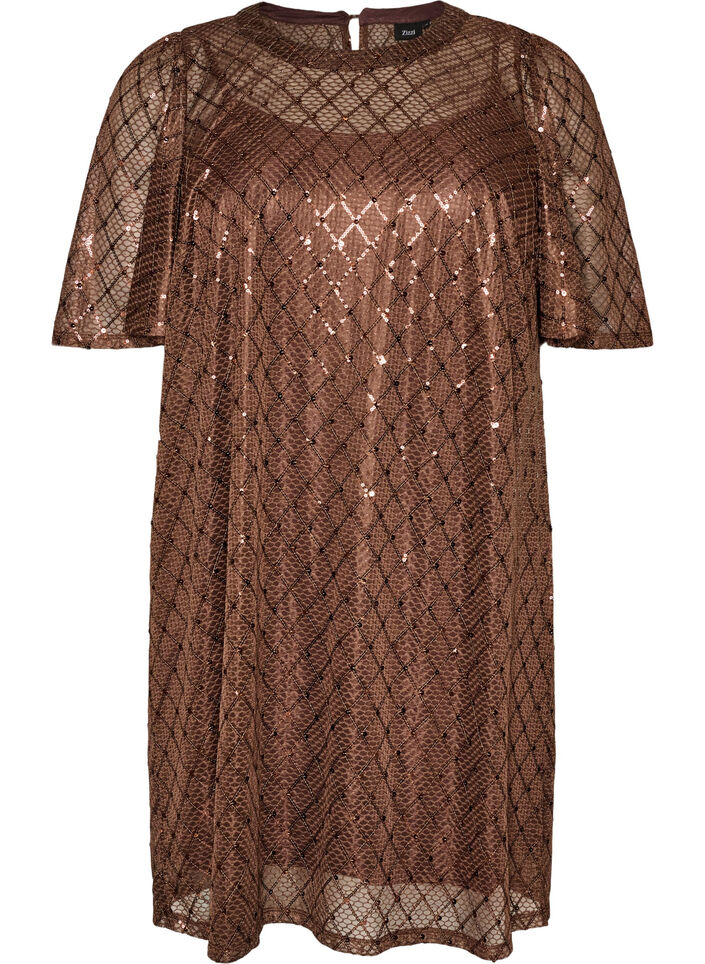 Kurzes Kleid mit Pailletten und Rautenmuster, Braun, Packshot image number 0