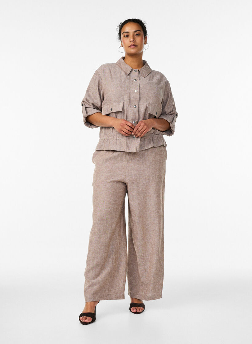 Hose aus Leinen und Viskose mit weitem Bein, Braun, Model image number 0